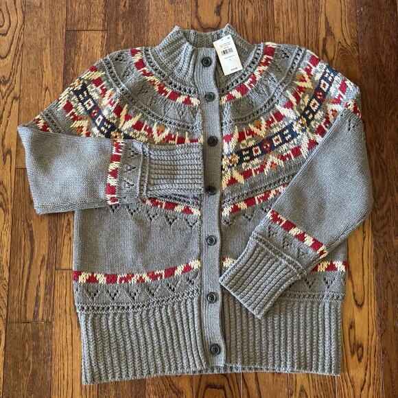 New LL Bean Signature Fisherman Sweater Short Cardigan Fair Isle Womens Large - Picture 1 of 9